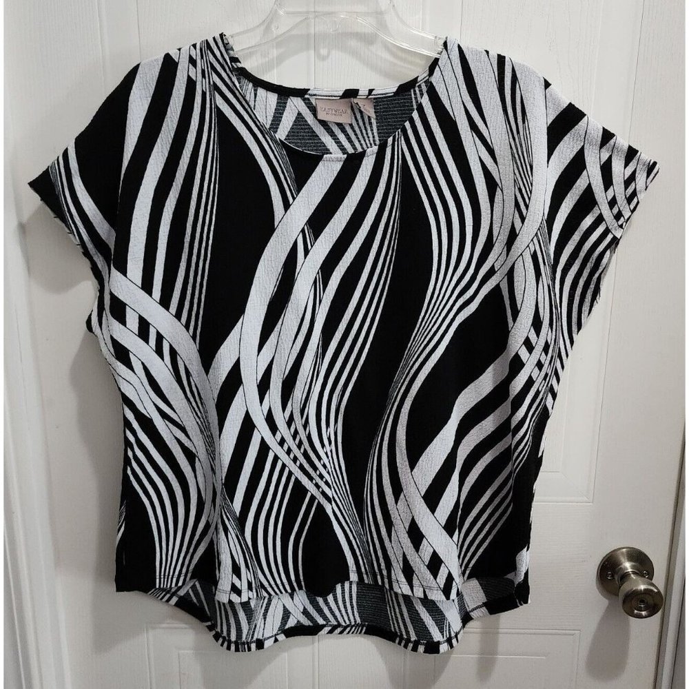 Easywear by Chico's Women's Short Sleeve Blouse Top Black/White Stretch Size‎ XL